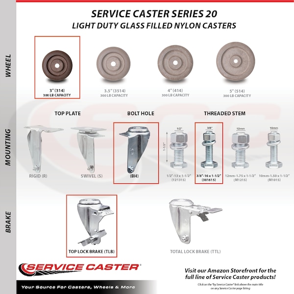 Service Caster 3 Inch SS High Temp Glass Filled Nylon 3/8 Inch Threaded Stem Caster Brake, 2PK SCC-SSTS20S314-GFNSHT-381615-2-TLB-2 - main